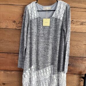 NWT!  A'reve long sweater (dress)  Gray w/ Lace Trim ~ Size Large